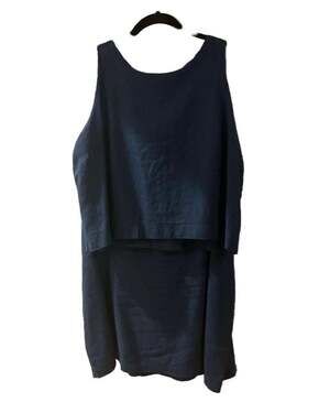 Navy Blue Linen Sleeveless Layered Top, Size XLP